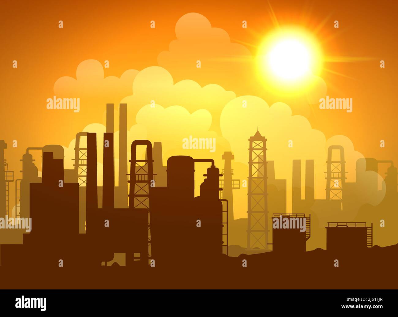 Oil refinery poster with towers pipes and tanks at sunrise or sunset vector illustration Stock Vector