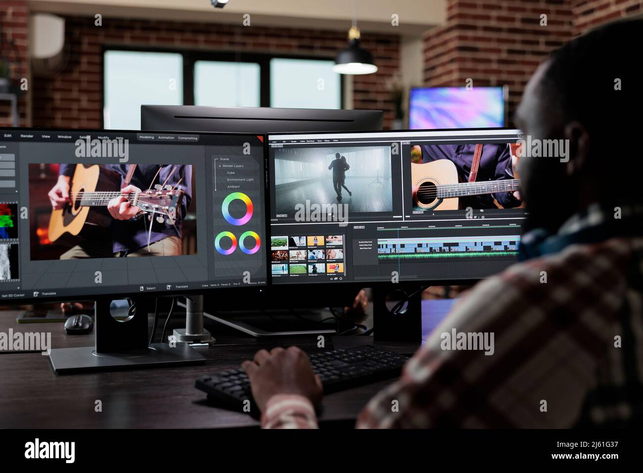 Professional post production editor doing footage montage and visual