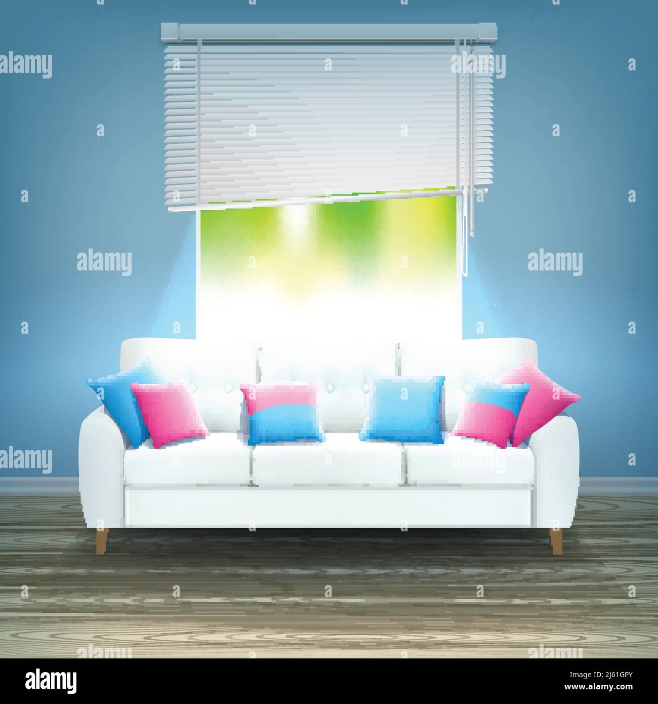 White leather luxury sofa with red and blue decorative cushions in