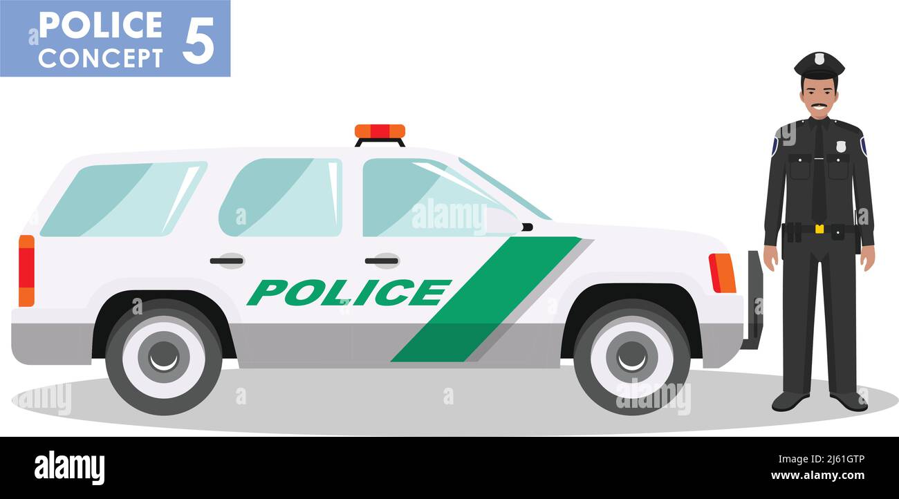 Detailed illustration of police car and police officer in flat style on ...