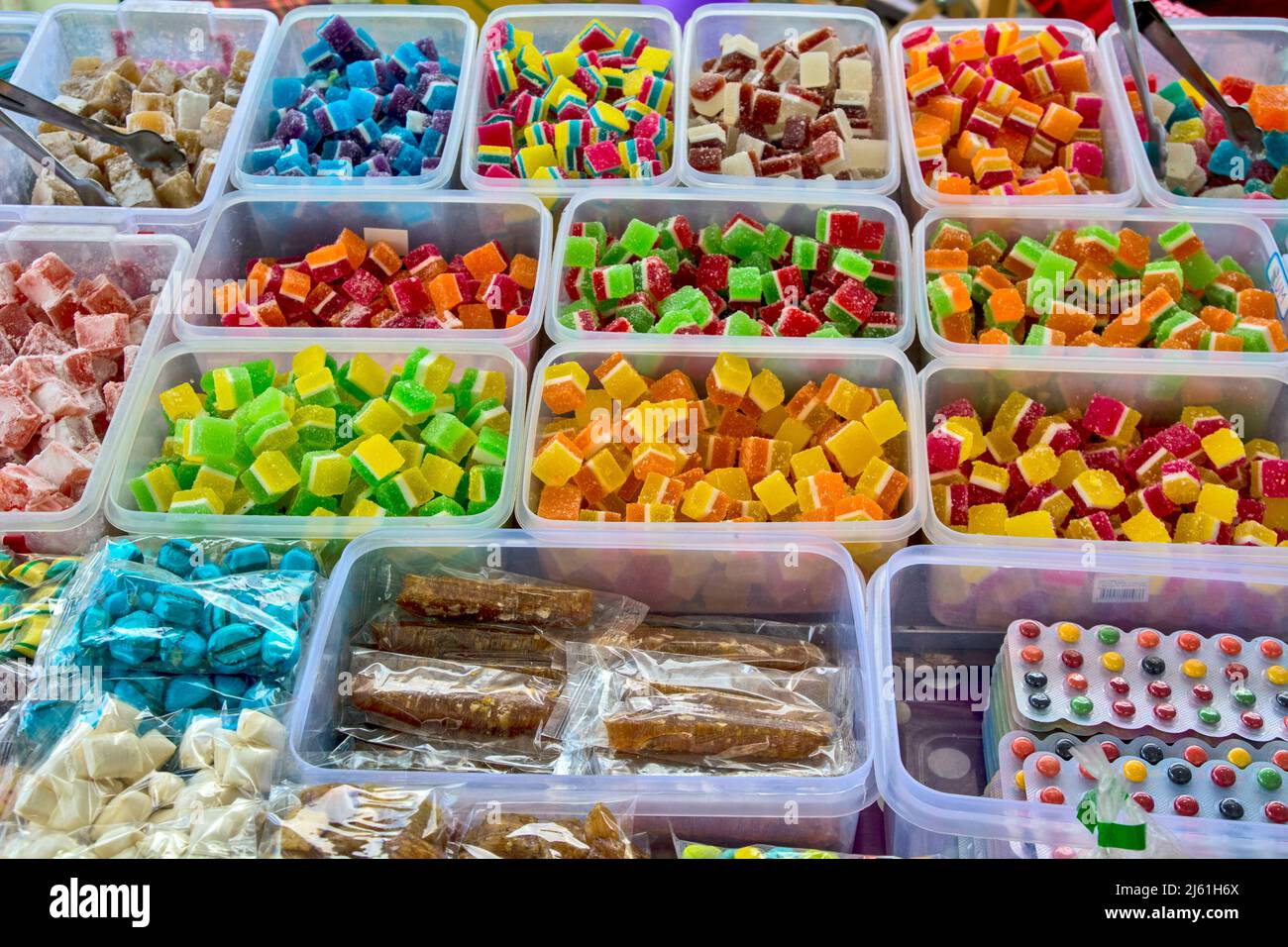 A variety of soft and delicious candies are sold at the fair. Stock Photo