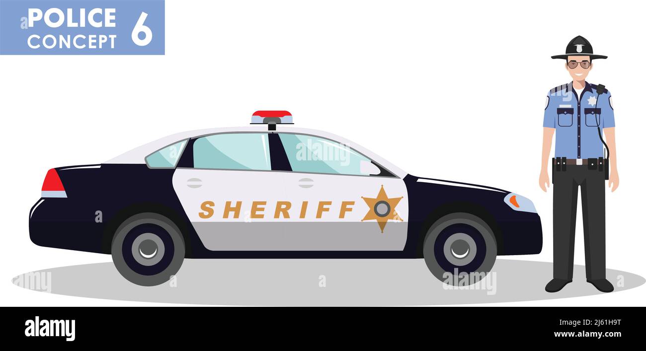 Detailed illustration of police car and police officer in flat style on ...