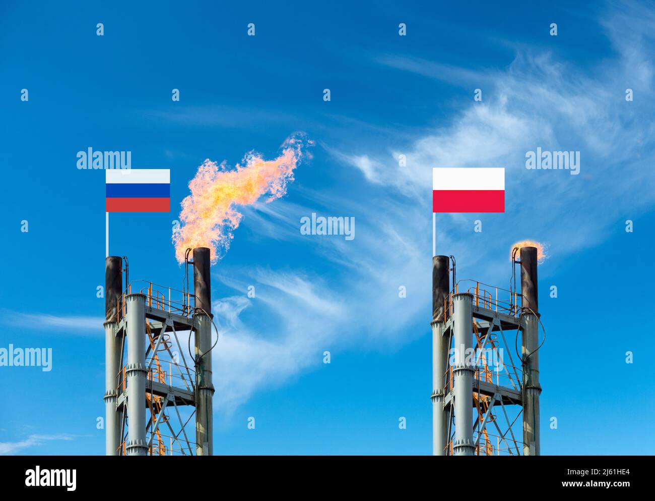 Russia cutting off gas supply to Poland concept. flags of Russia and Poland on gas refinery chimneys. Russia Ukraine war, conflict. Russian gas EU... Stock Photo