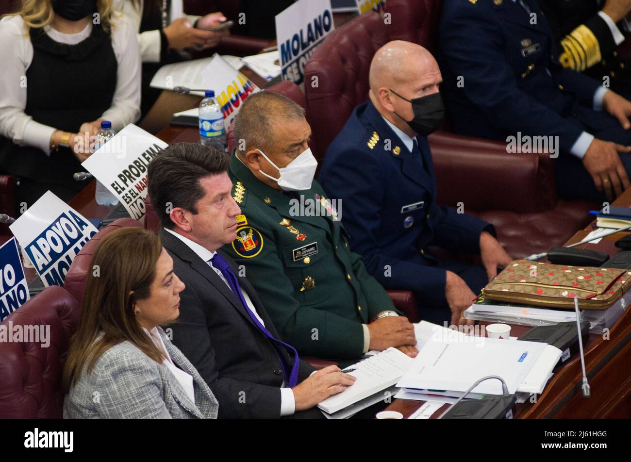 Colombian minister of defense Diego Molano (L) and Army general Luis Fernando Navarro (R) during the motion to censure to Colombia's Minister of Defen Stock Photo