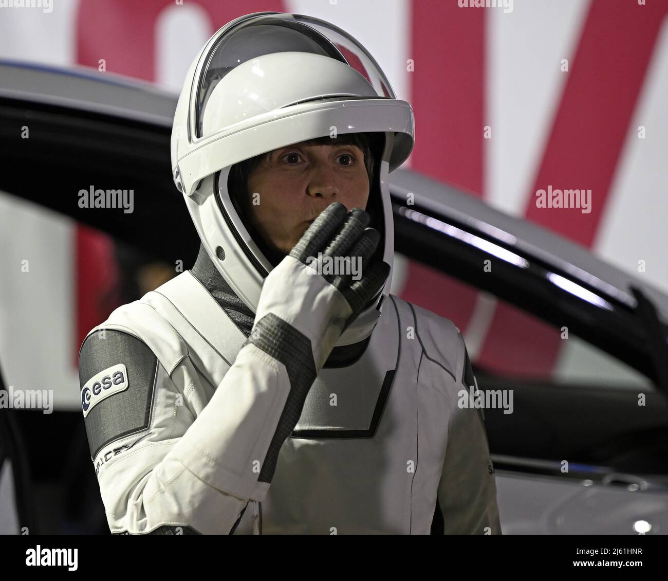 ESA Astronaut Samantha Cristoforetti, blows a kiss to family members after walking out of the Neil Armstrong O&C Building at the the Kennedy Space Center, Florida on Wednesday, April 27, 2022. Photo by Joe Marino/UPI Credit: UPI/Alamy Live News Stock Photo