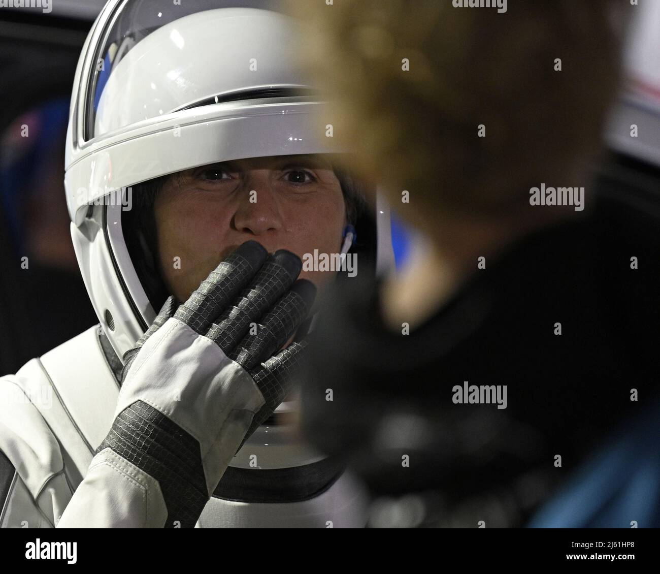 ESA Astronaut Samantha Cristoforetti, throws a kiss to family members after walking out of the Neil Armstrong O&C Building at the the Kennedy Space Center, Florida on Wednesday, April 27, 2022. Photo by Joe Marino/UPI Credit: UPI/Alamy Live News Stock Photo
