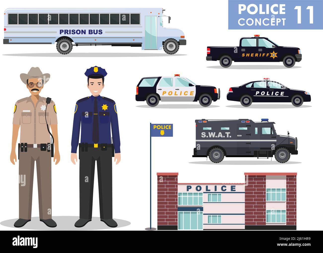 Detailed illustration of police department, police car, police officer, sheriff, armored S.W.A.T. truck and prison bus in flat style on white backgrou Stock Vector