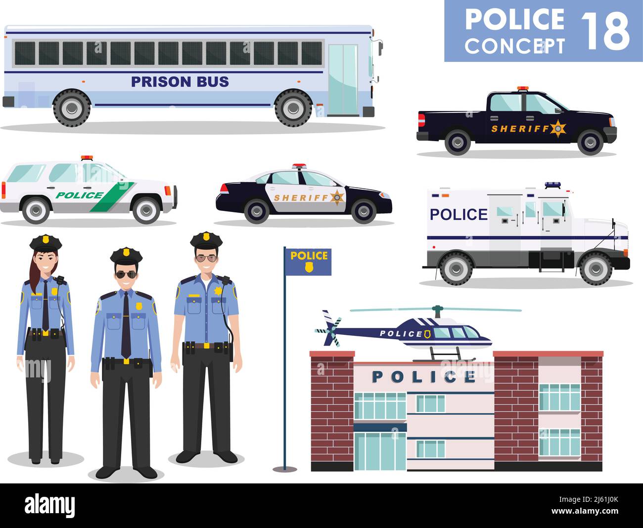 Detailed illustration of police department, police car, police officer, sheriff, helicopter, armored S.W.A.T. truck and prison bus in flat style on wh Stock Vector
