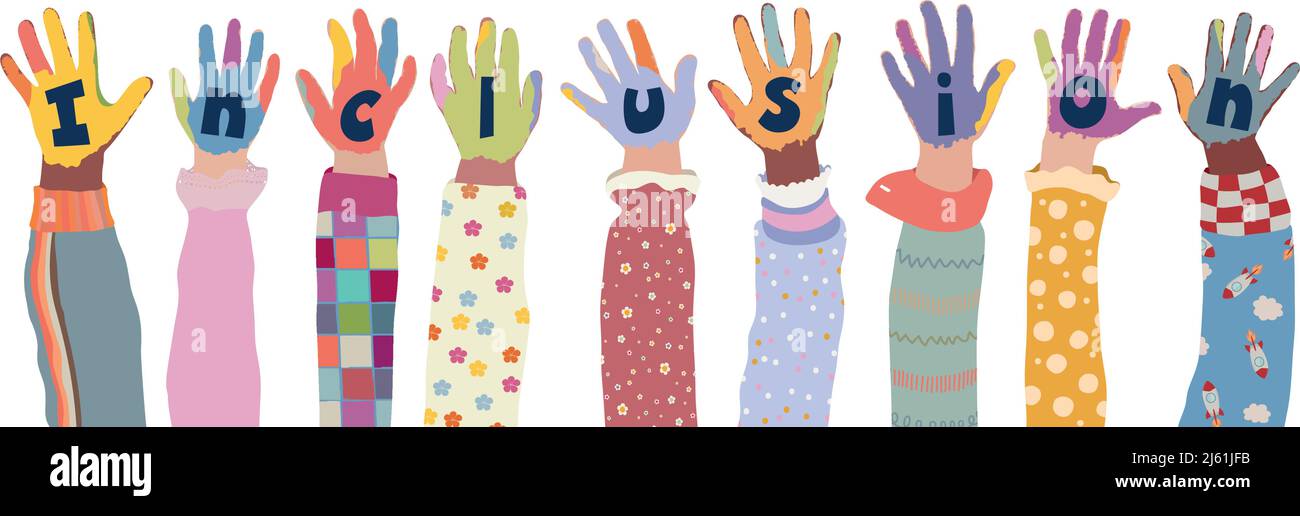 Concept of inclusion diversity equality. Group of painted hands of joyful happy multicultural kids and baby girls and boys.Colorful kids hands.Friends Stock Vector