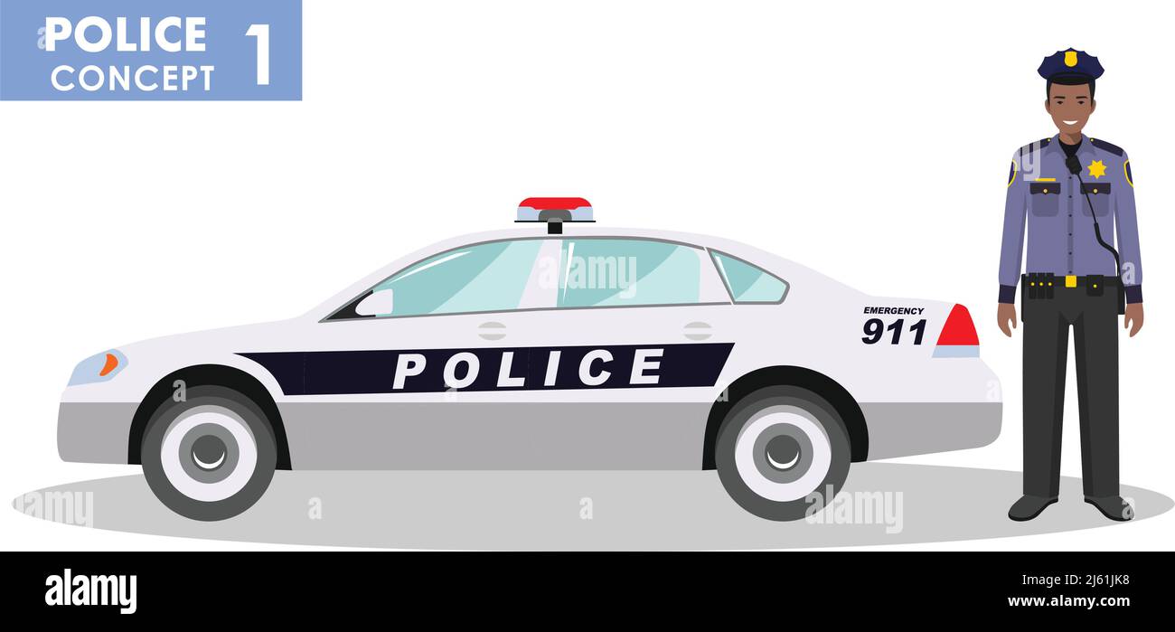 Detailed illustration of police car and police officer in flat style on ...