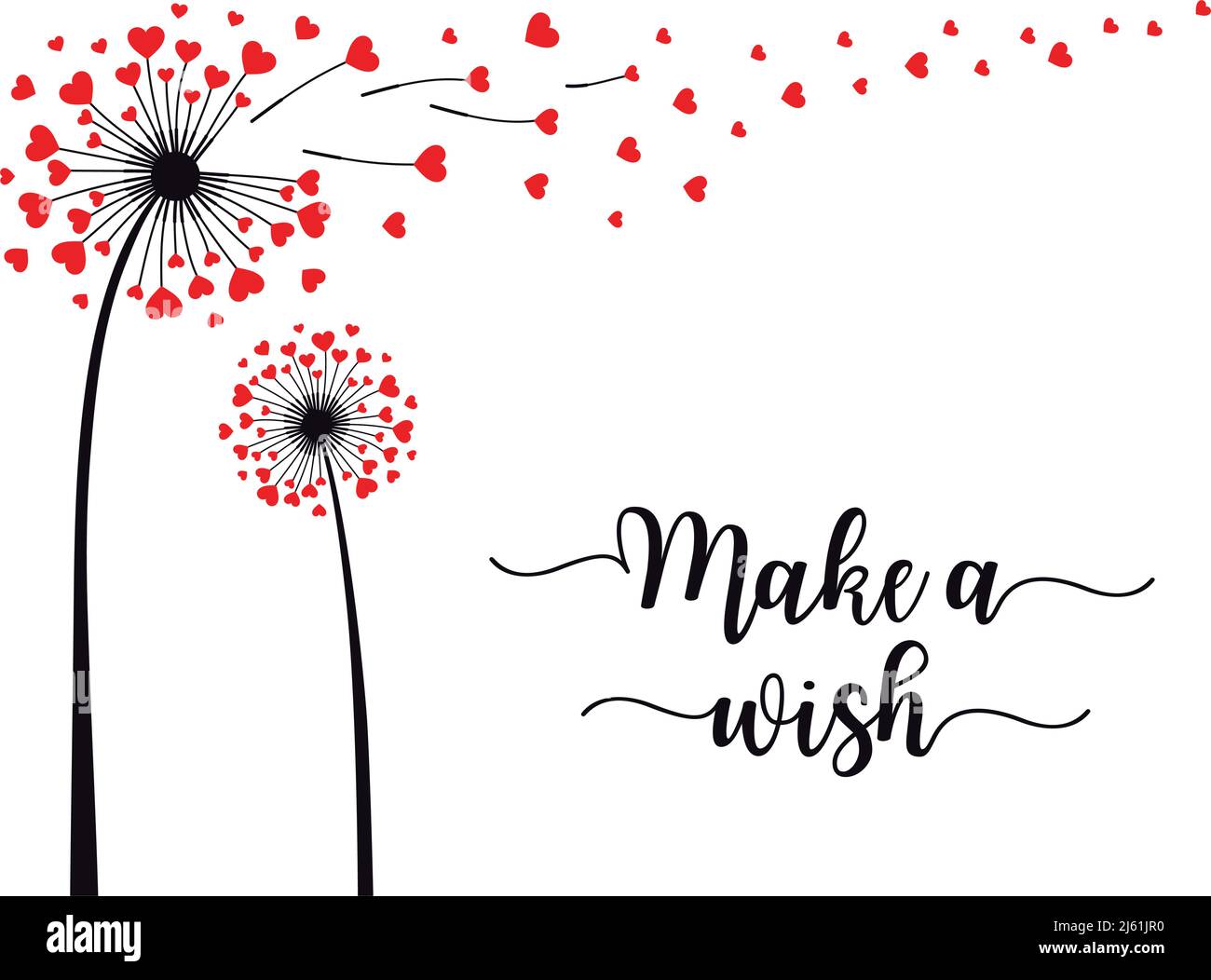 Dandelion flower with flying red hearts, make a wish, vector illustration Stock Vector