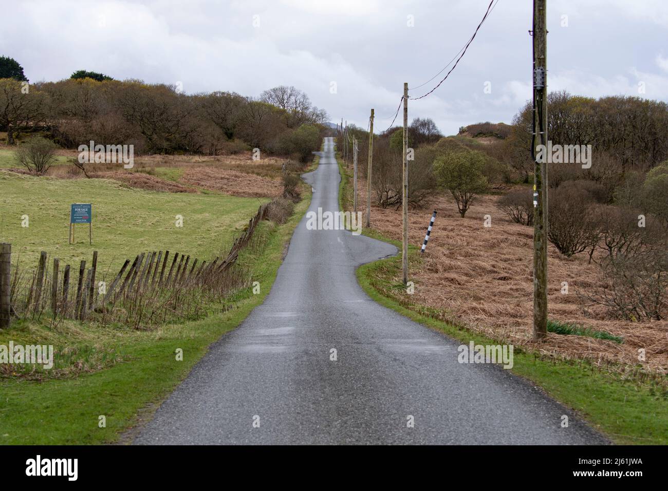 Single track road with passing places typical of those found on the island of Mull a large Scottish Island of the Inner Hebrides Stock Photo