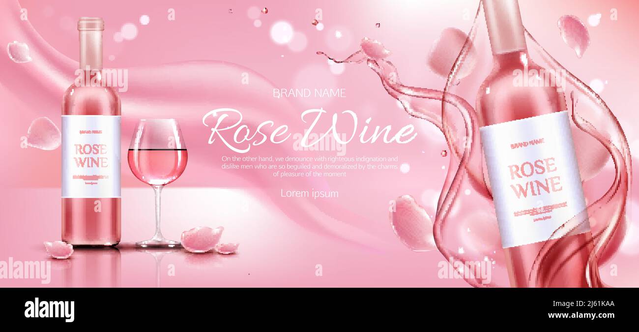 Rose wine bottle and glass mockup banner. Closed flask and wineglass with alcohol vine drink on pink background with flower petals and liquid splash, Stock Vector