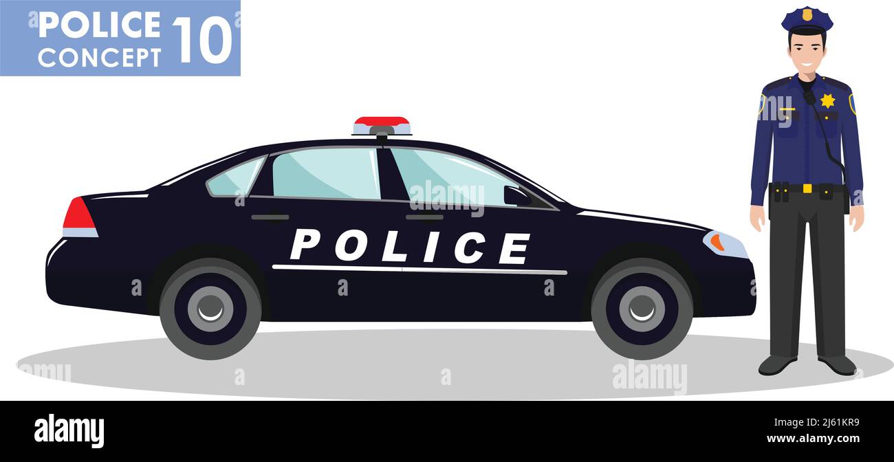 Detailed illustration of police car and police officer in flat style on ...