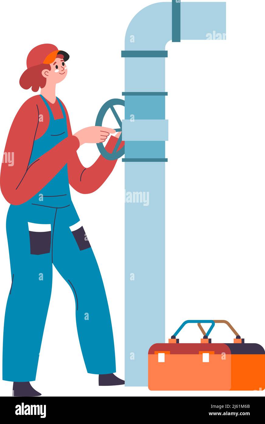 Plumber woman fixing outdated pipe water system Stock Vector