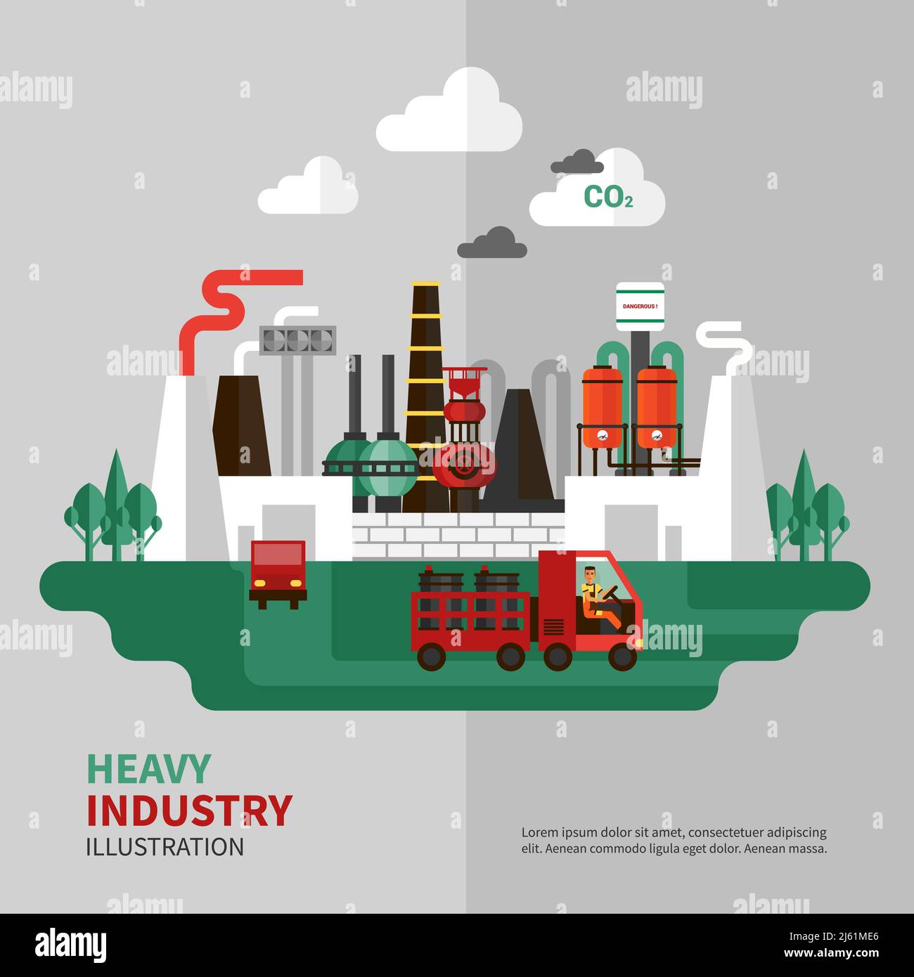 Heavy industry poster with large factory on grey background vector
