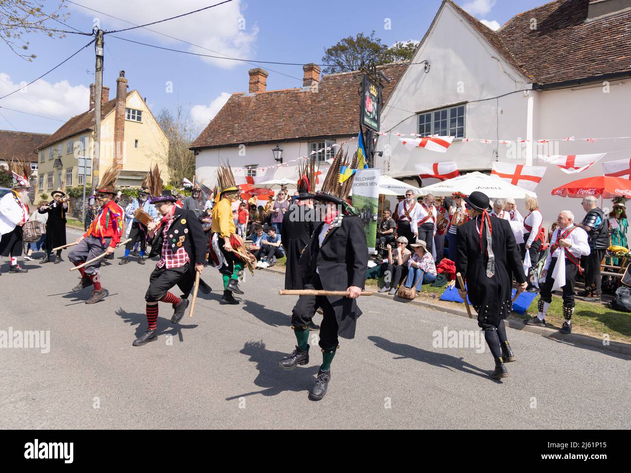 Morris dancing UK; Dancers doing Morris dance on the street outside the