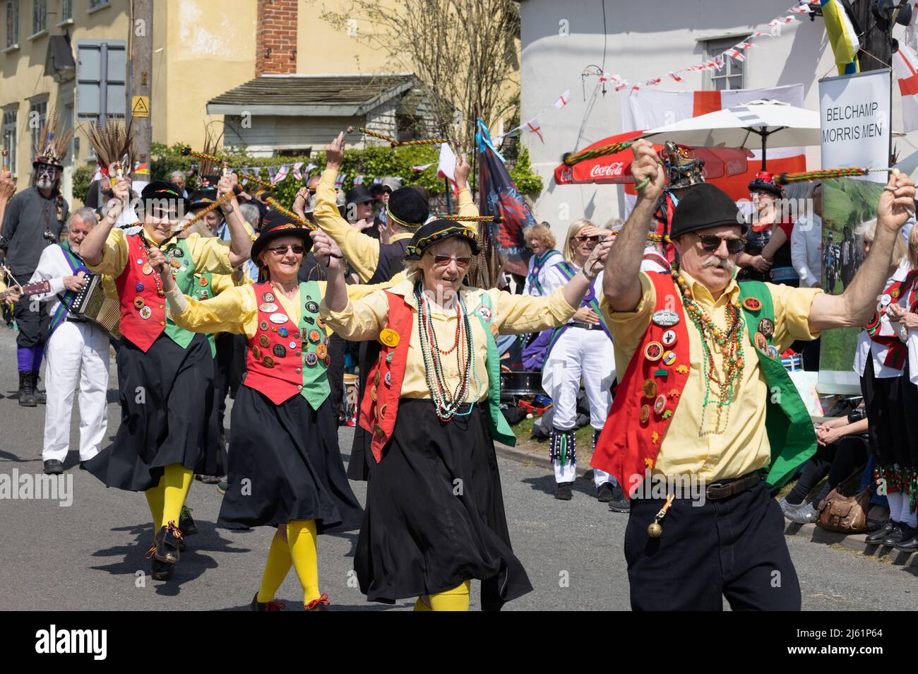 Morris dancers UK; traditional Morris dancing on St Georges Day in the street, Hundon Village, Suffolk UK Stock Photo