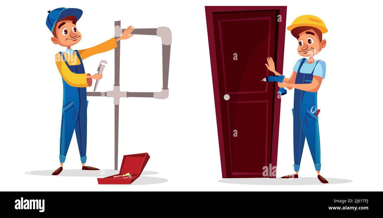 Vector cartoon plumber and technician worker characters set. Male