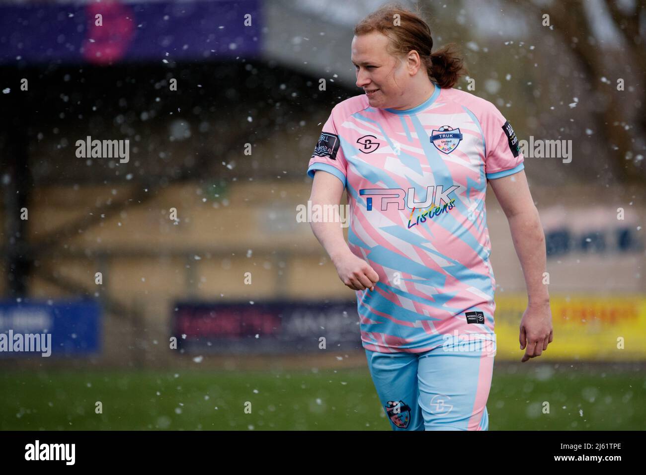 TRUK player at the Football vs Transphobia challenge match between Dulwich Hamlet and Trans Radio UK at Champion Hill in London, England. Stock Photo