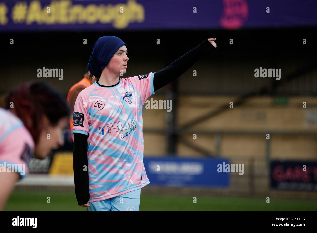 TRUK player at the Football vs Transphobia challenge match between Dulwich Hamlet and Trans Radio UK at Champion Hill in London, England. Stock Photo