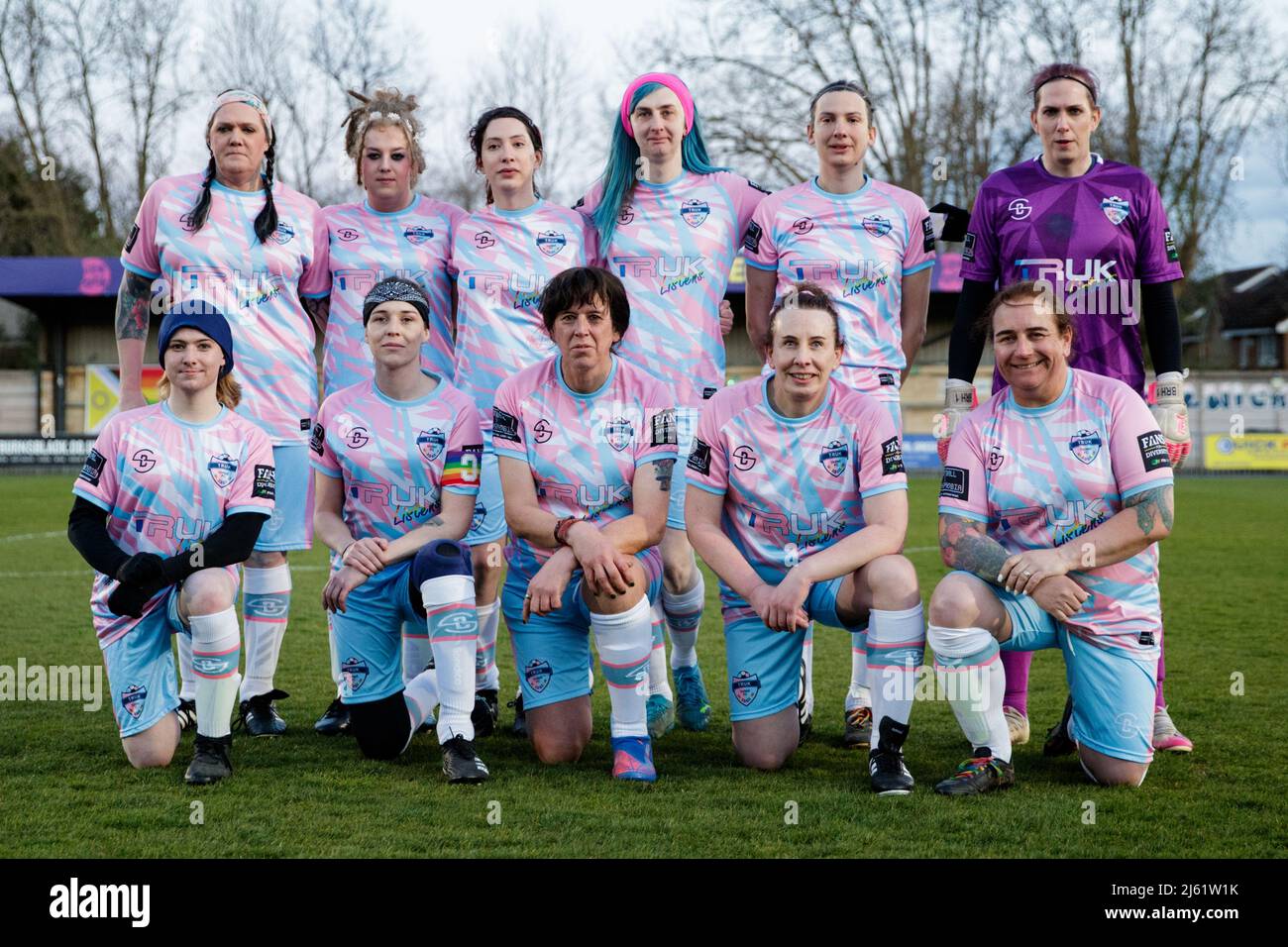 TRUKFC starting XI at the Football vs Transphobia challenge match between Dulwich Hamlet and Trans Radio UK at Champion Hill in London, England. Stock Photo