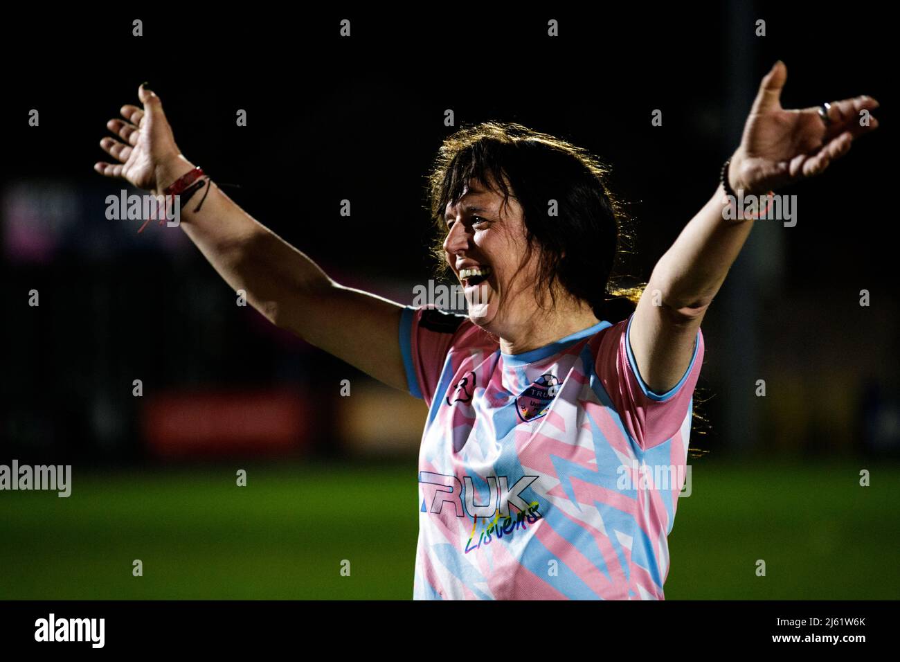 TRUK player Paula Griffin at the Football vs Transphobia challenge match between Dulwich Hamlet and Trans Radio UK at Champion Hill in London, England Stock Photo