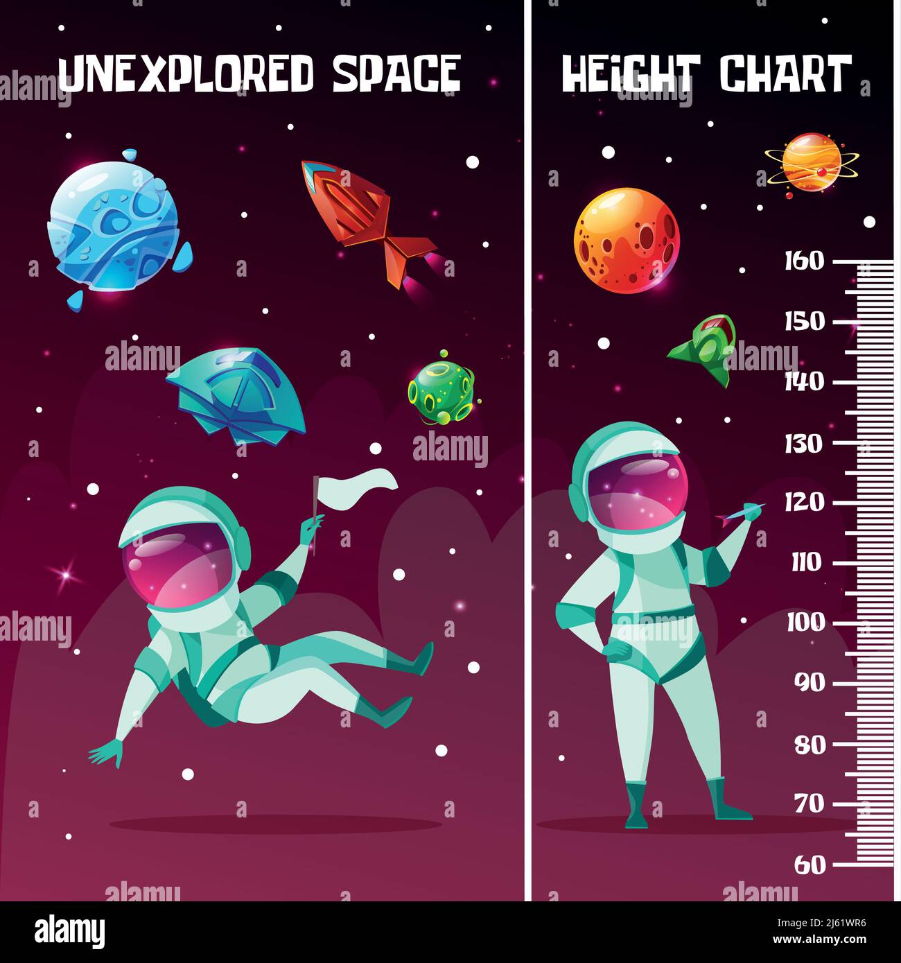 Vector height chart in space style with astronauts playing darts, holding flag, cosmic objects - unexplored planets with satellites, starts galaxy, sp Stock Vector