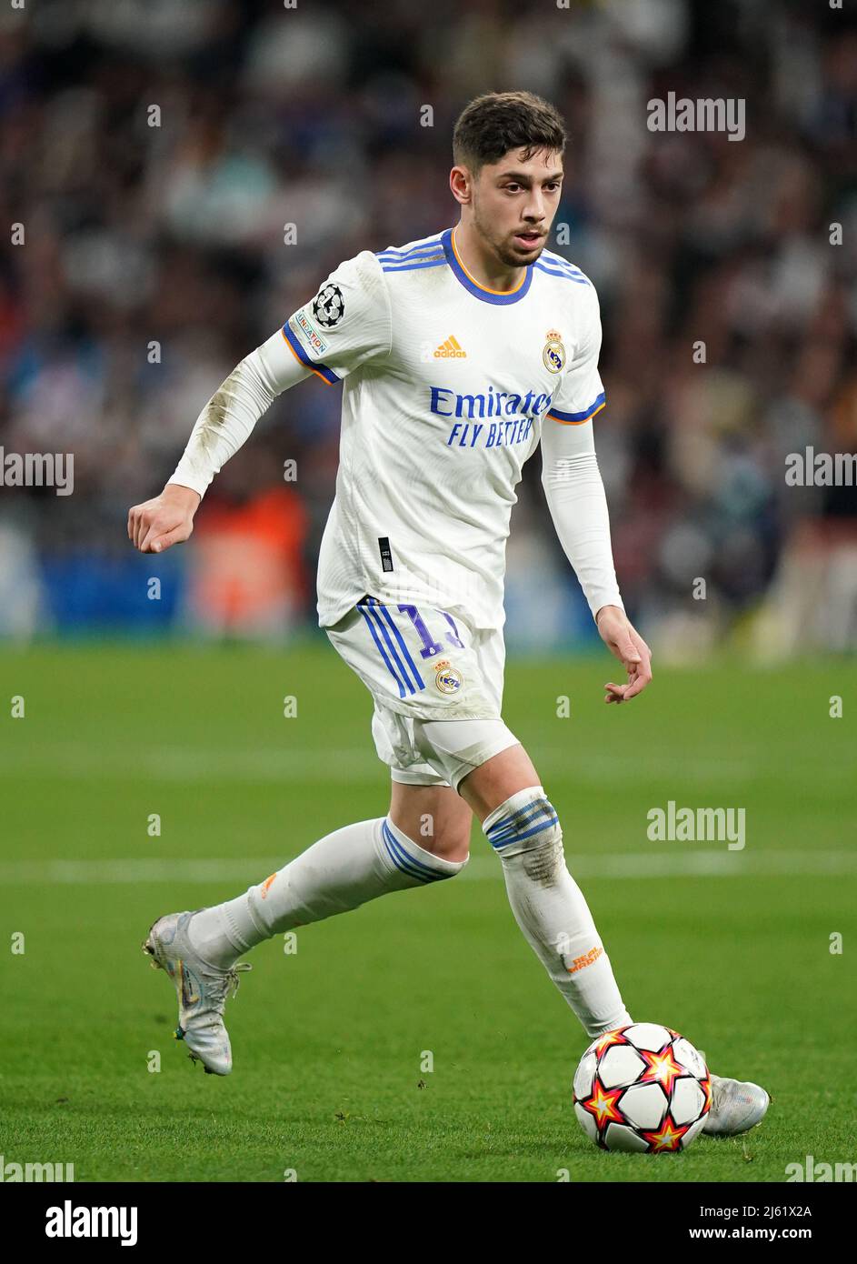 Real Madrid's Federico Valverde during the UEFA Champions League quarter final, second leg match at Santiago Bernabeu Stadium, Madrid. Picture date: Tuesday April 12, 2022. Stock Photo