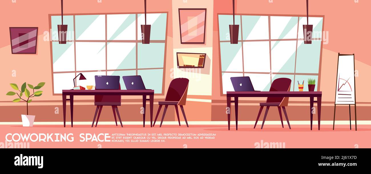 Vector cartoon office room, coworking with workplaces, desks, big