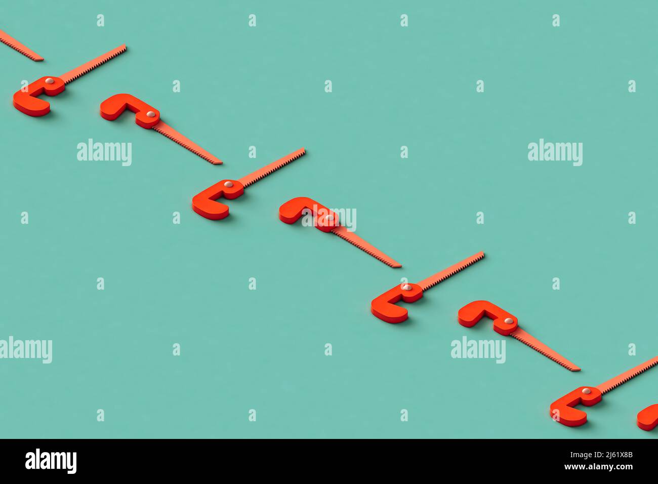 Three dimensional render of row of hand saws flat laid against green background Stock Photo