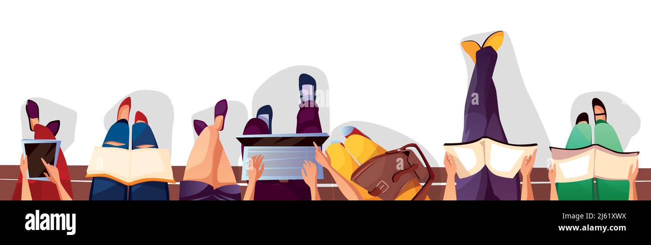 Back to college or school vector illustration of students sitting on bench and reading books. College boy and girl teens with school bags, smartphones Stock Vector