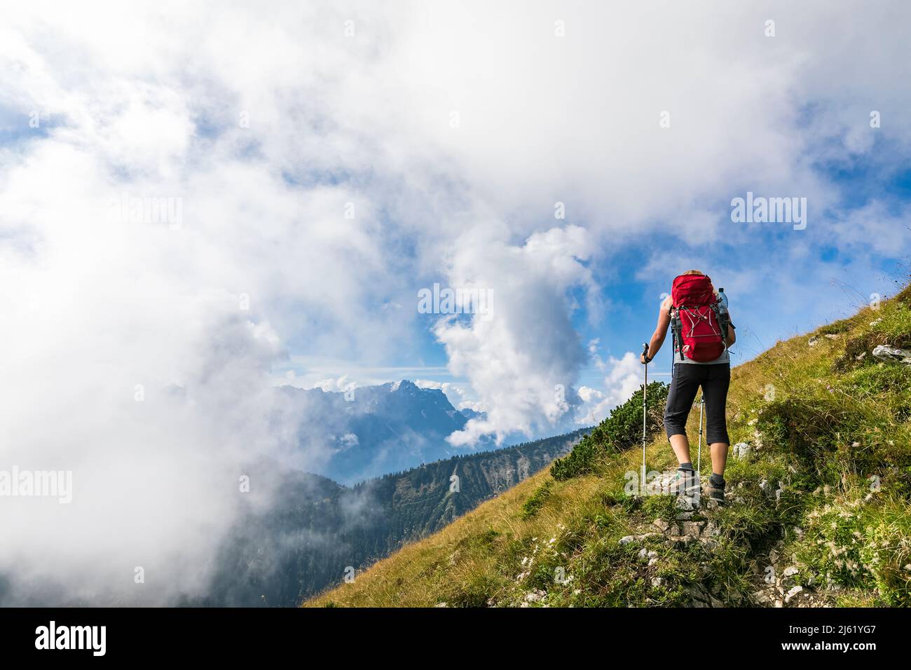 Woman with hiking pole walking on mountain Stock Photo