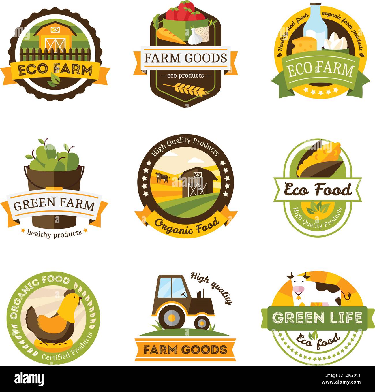Set of isolated organic food farm emblems or labels set on white ...