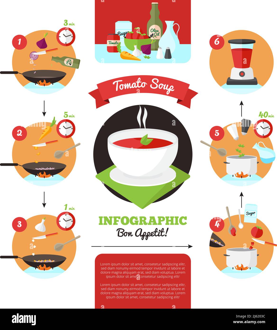 Step by step recipe infographics for cooking tomato soup vector