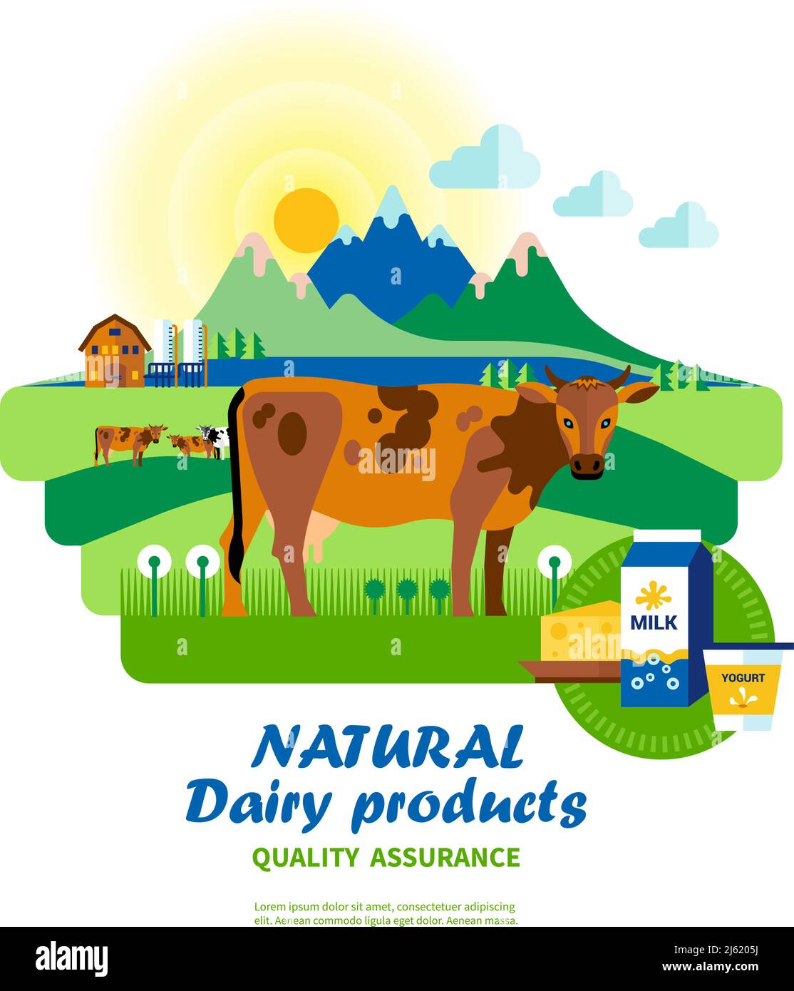 Natural dairy products quality assurance with cow on pasture in center