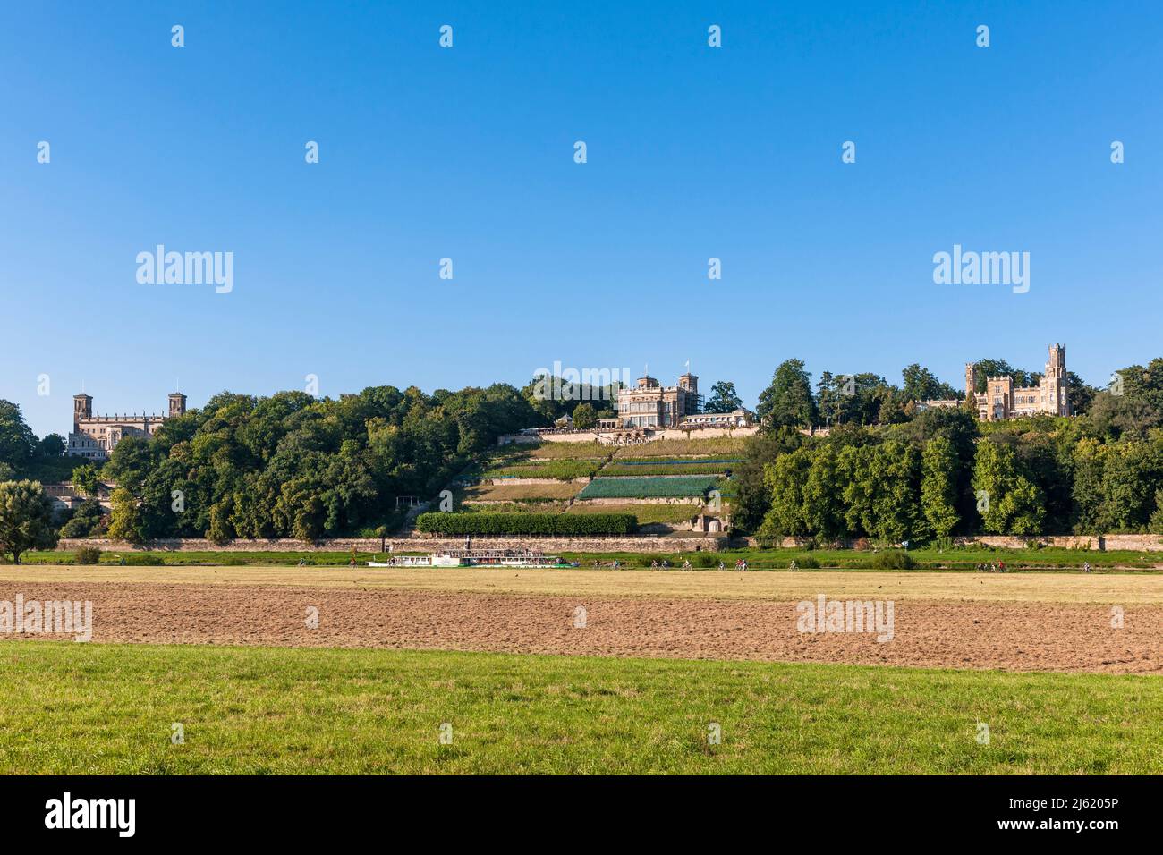 Germany, Saxony, Dresden, Clear summer sky over cultural landscape of Elbhange Stock Photo