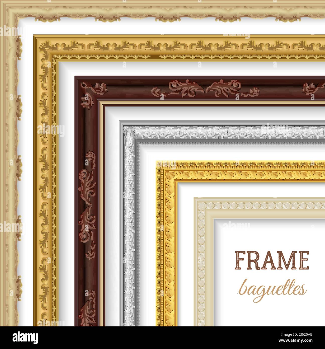 Frame baguettes realistic set for paintings and pictures isolated vector illustration Stock Vector