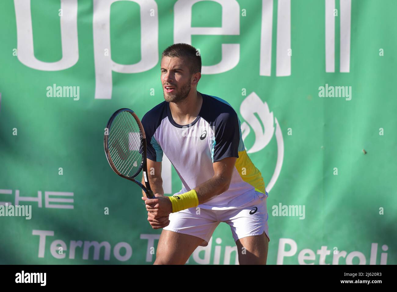 Rome, Italy, April 26, 2022, Borna Coric (CRO) during the ATP Challenger  Roma Open tennis tournament round of 32 at Garden Tennis Club on April 26,  2022 in Rome, Italy (Photo by