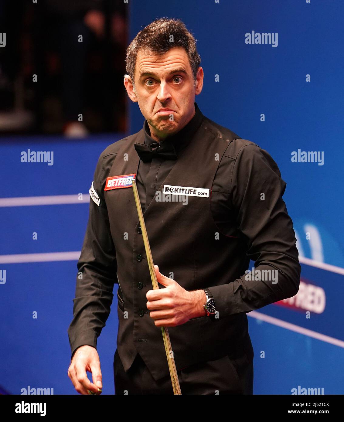 Ronnie OSullivan reacts after a shot against Stephen Maguire, during day twelve of the Betfred World Snooker Championship at The Crucible, Sheffield
