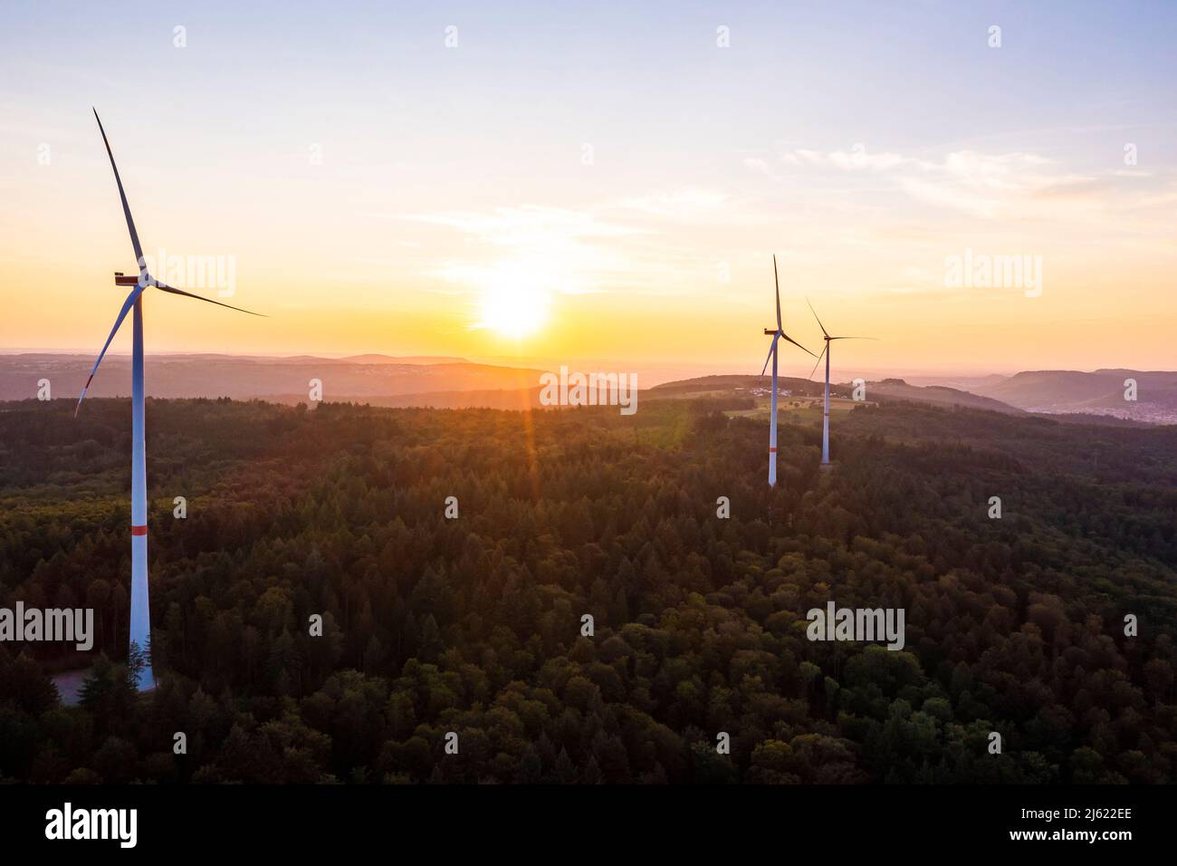 Aerial view wind farm turbines schurwald range sunset hires stock