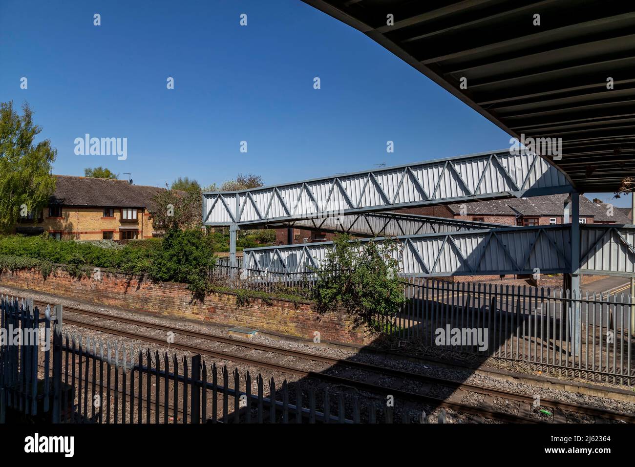Metal public walkway over the railway lines in Oakham, Rutland