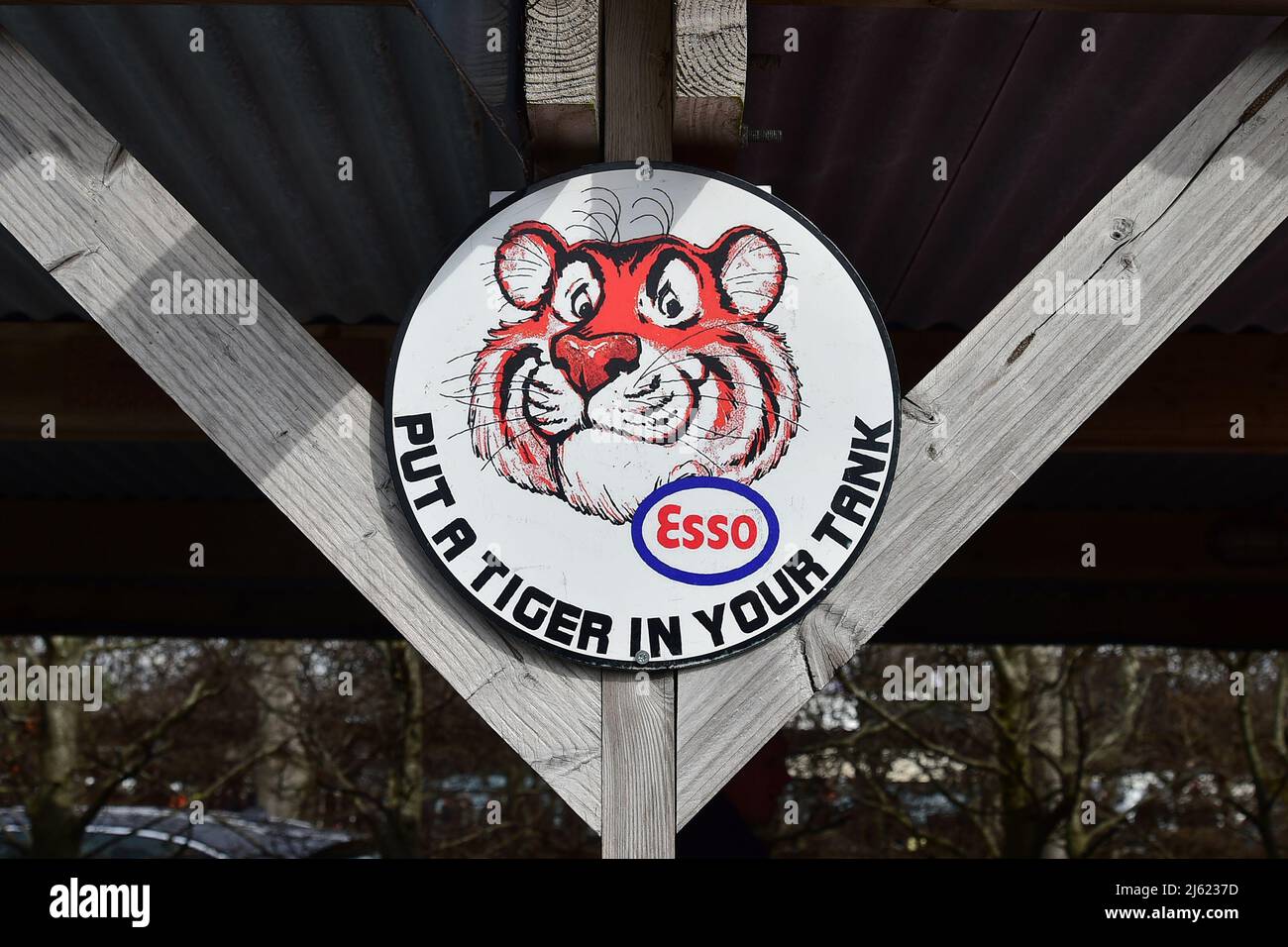Esso, Put a Tiger in your Tank, Goodwood 79th Members Meeting, Goodwood Motor Circuit, Chichester, West Sussex, England, April 2022. Stock Photo
