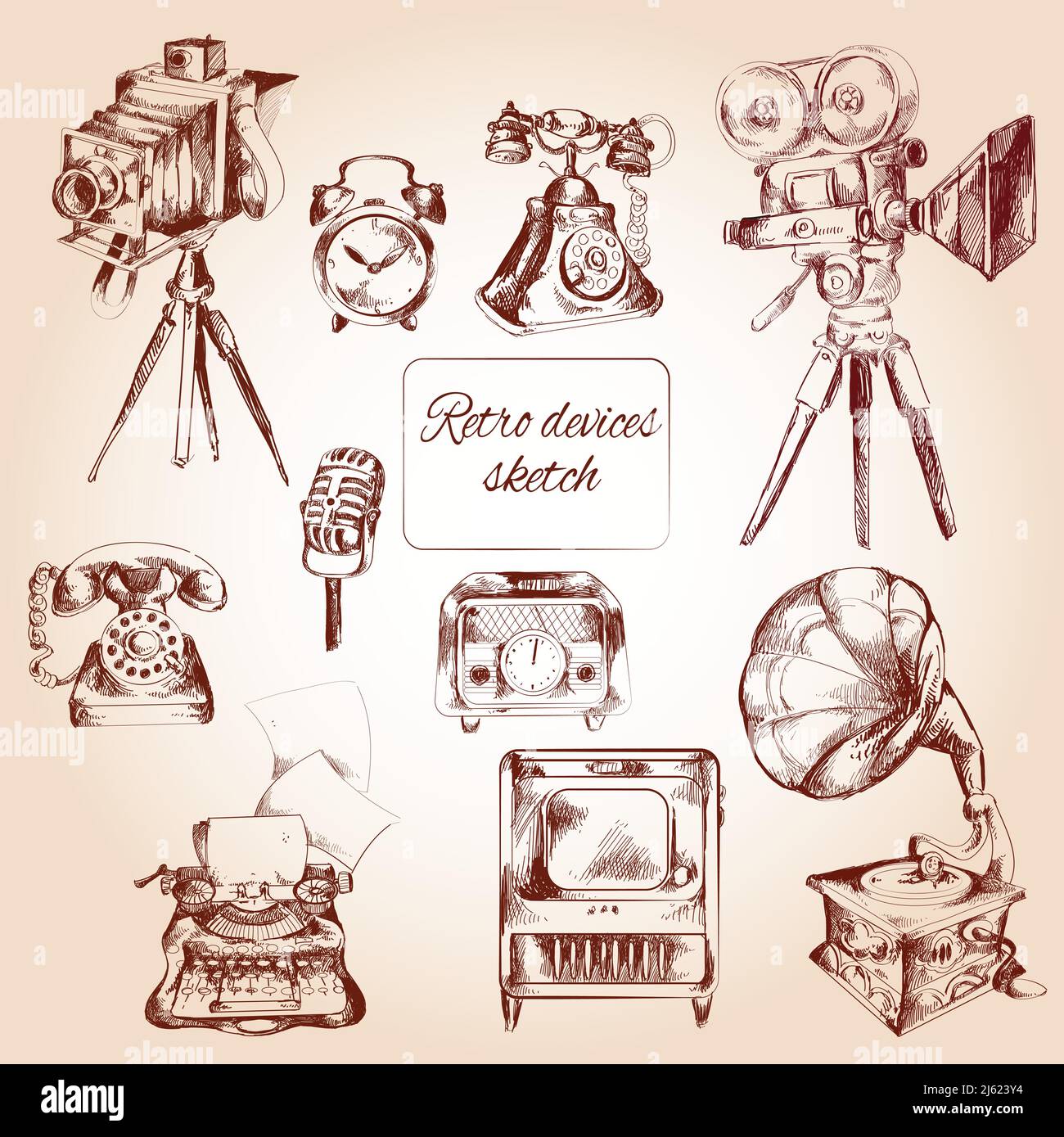 Retro devices decorative icons sketch set with film camera telephone typing machine isolated vector illustration Stock Vector