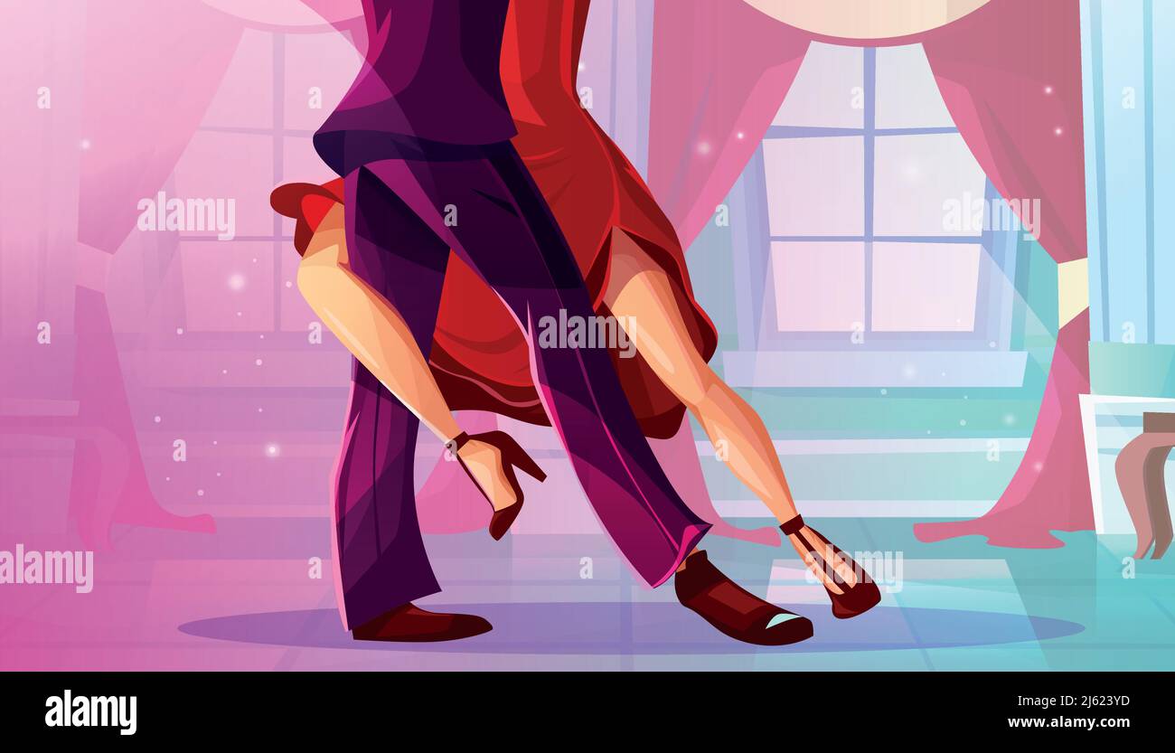 Tango in ballroom vector illustration of man and woman in red dress ...