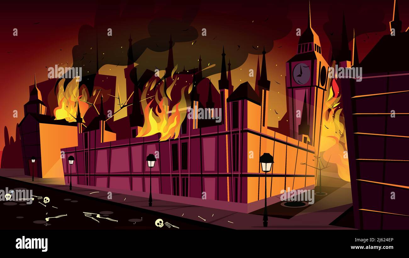 London in fire of plague epidemic vector illustration. London city burning at plague disease with dead people skeletons on night streets at cartoon Bi Stock Vector