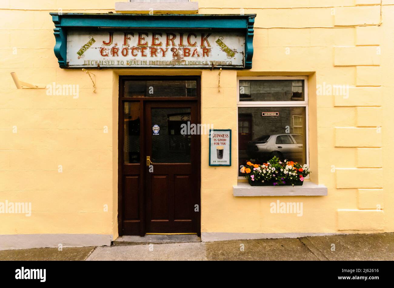 Sign at an Irish Spirit Grocers shop, a combined grocery and pub, common in rural Ireland. Stock Photo