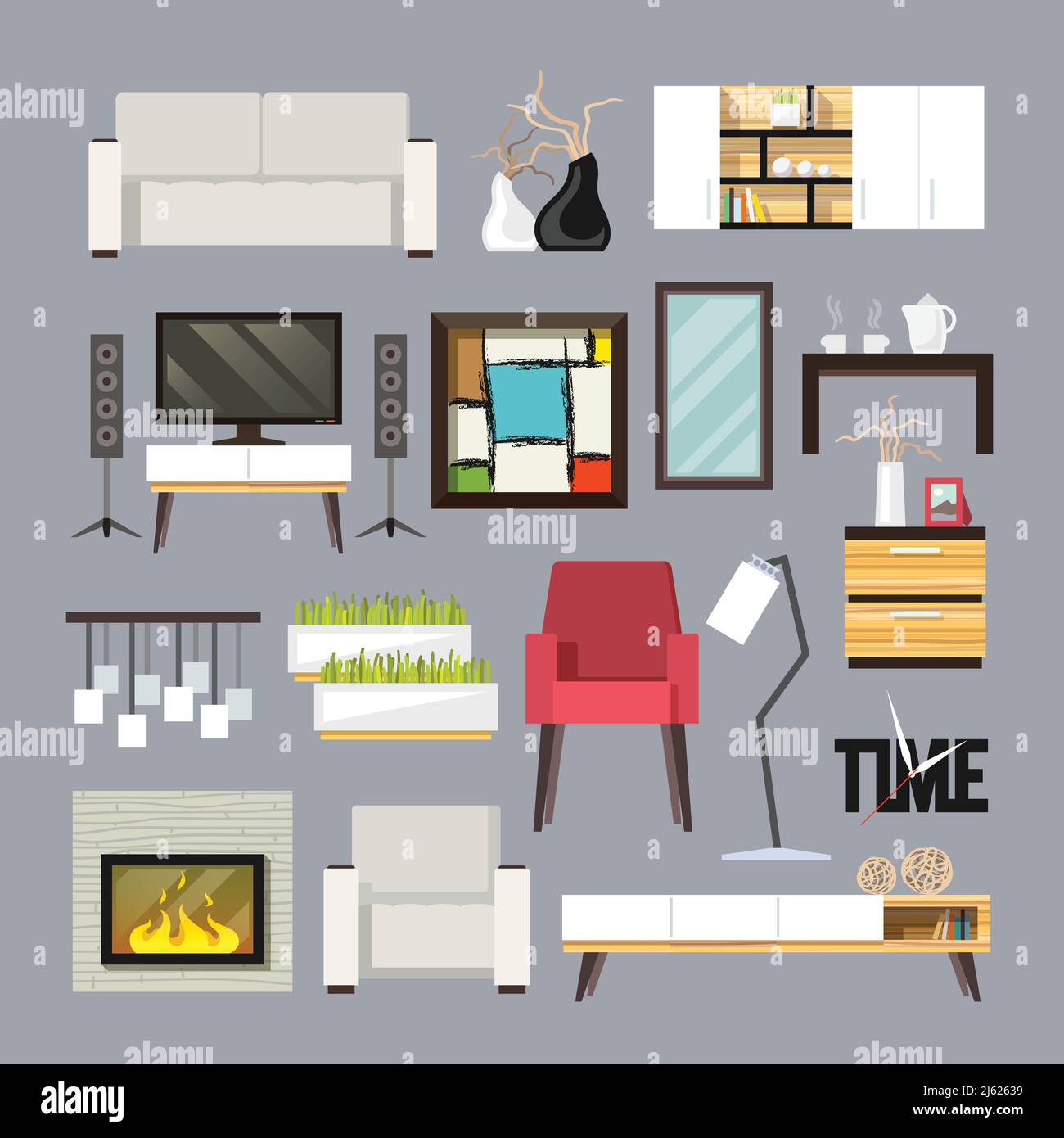 Living room furniture decorative icons set with sofa bookshelf tv table isolated vector illustration Stock Vector