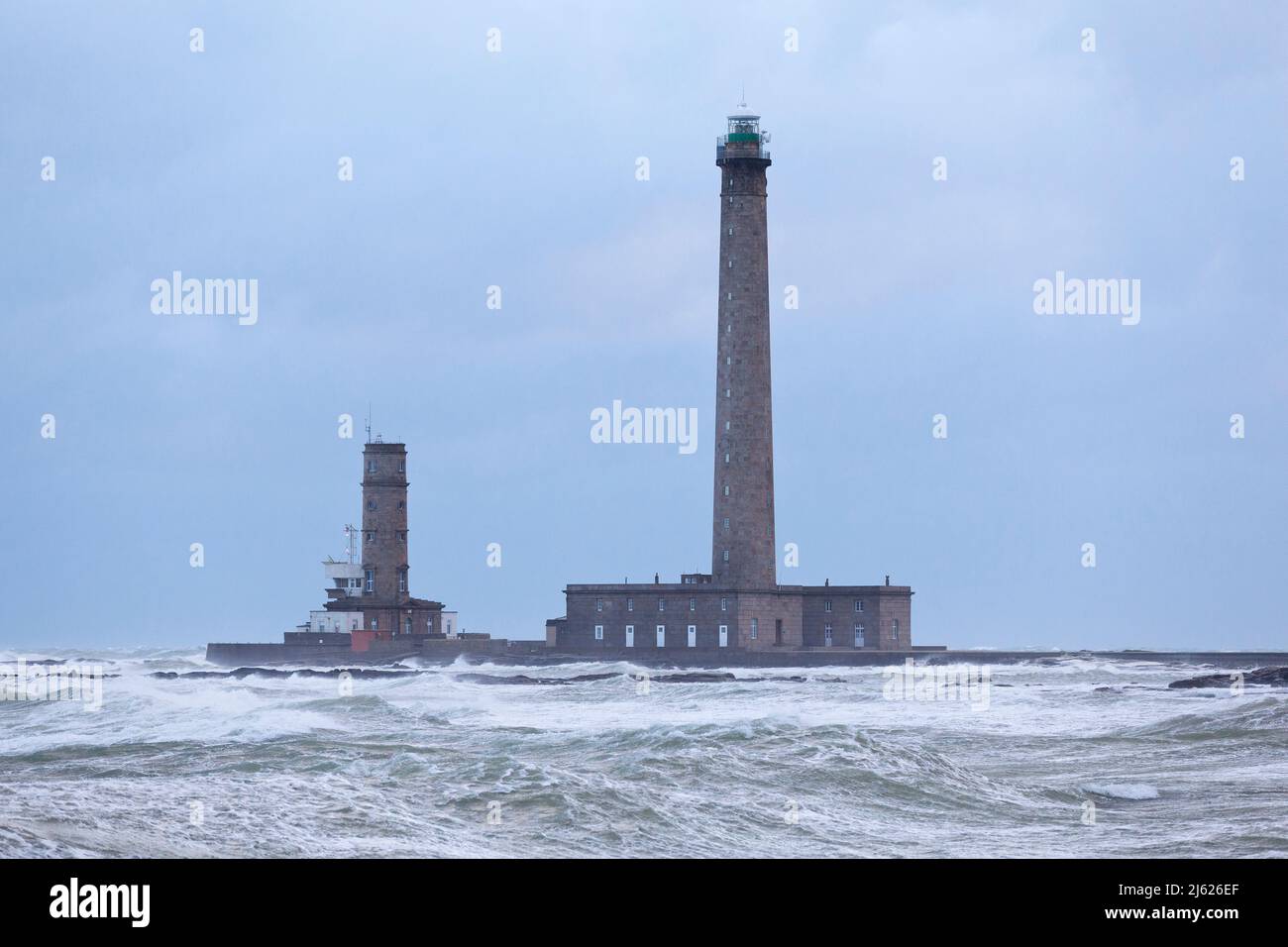 Lighthouse in storm, Phare Gatteville, Pointe de Barfleur, Cotentin, Normandy, France Stock Photo