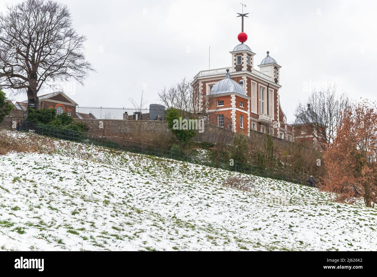 Royal Observatory, Greenwich, in London covered in snow in a cold winter day Stock Photo